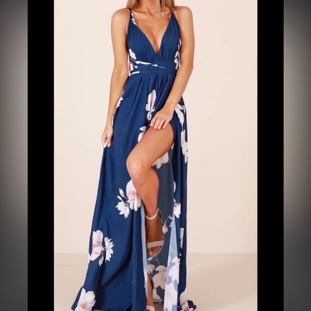 Showpo navy blue floral backless cross back maxi dress